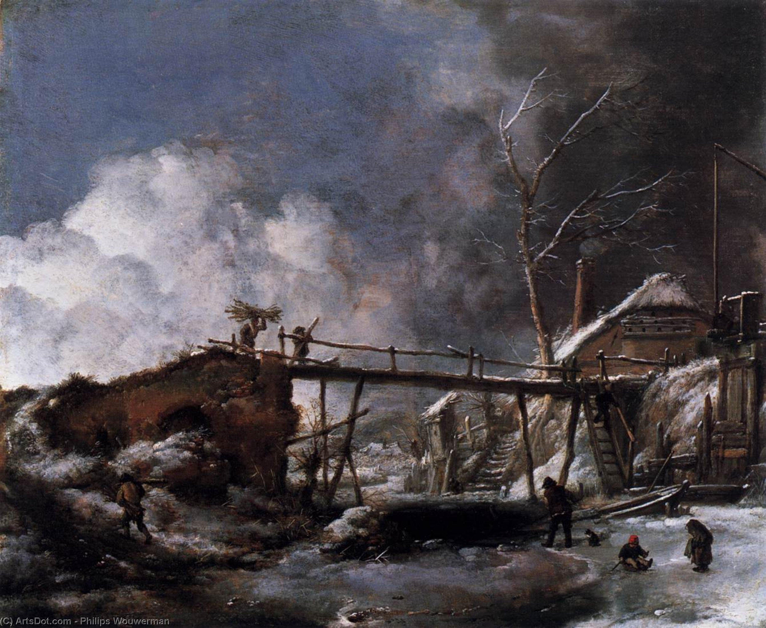 Északi Táj Egy Fából Készült Hídtokkal — Philips Wouwermans