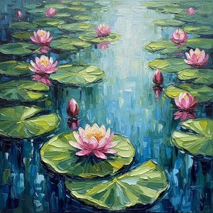 Serene Profondità D'azzurro: Uno Studio Impasto Singolare Di Petali Fluttuanti E Increspature Verdanti — Christian Noiret, Astrattismo Contemporaneo