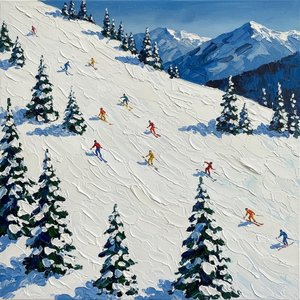 Discesa Solitaria Tra Vette Azzurre E Pendii Alpini Materici In Bianco Impasto — Christian Noiret, Astrazione Contemporanea