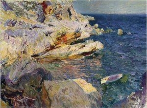 Rocks And White Boat, Javea — Joaquin Sorolla, Impressionism