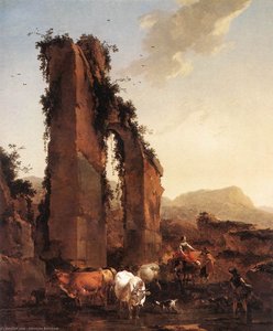 Campesinos con ganado junto a un acueducto en ruinas