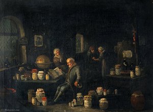 An old man consulting a book and holding a flask in a room with many pharmacy jars.