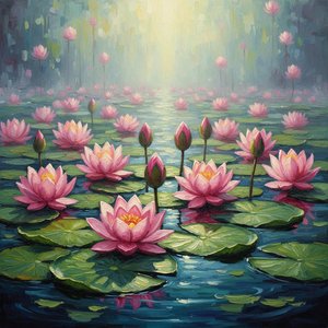 Éclosion Éthérée Dans Une Brume Radieuse : Une Vision Singulière D'un Sanctuaire De Lotus Serein — Christian Noiret, Abstrait Contemporain