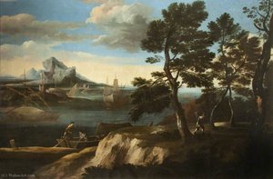 River Landscape With Figures In A Boat — Jacob De Heusch, Baroque