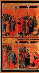 La Maestá. Cristo Acusado Por Los Fariseos Y Cristo Interrogado Por Pilatos — Duccio Di Buoninsegna, Late Medieval
