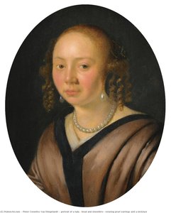 portrait of a lady, head and shoulders, wearing pearl earrings and a necklace
