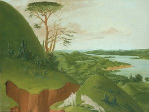 River Bluffs With White Wolves In The Foreground, Upper Missouri — George Catlin