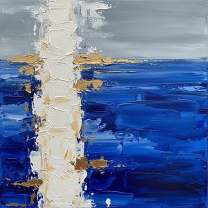 Pilier Blanc Monolithique Sur Des Marées Cobalt Profond Avec Des Horizons Fragmentés Dorés — Christian Noiret, Abstraction Contemporaine