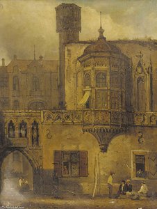 Figures Outside A Continental Courtyard — Samuel Prout
