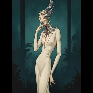 Crimson Descent Amidst Spiked Chrome And Deep Teal Shadows — Valentin Laurent De Courcey, Art Deco