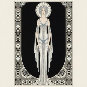 Das Blau Bestickte Gewand In Einem Geometrischen Blüten-halo — Valentin Laurent De Courcey, Art Déco