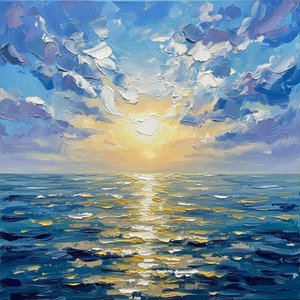 Radiant Horizon: A Singular Impasto Study Of Solar Light And Oceanic Serenity — Christian Noiret, Contemporary Abstract