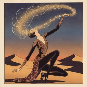 Golden Stardust Cascading Over A Kneeling Silhouette In Ochre Dunes — Valentin Laurent De Courcey, Art Deco
