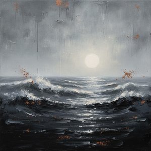 Charcoal Waves Under A Pale Rust-speckled Moon — Christian Noiret, Contemporary Abstract