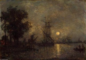 Holandaise Landscape With Docked Boat — Johan Barthold Jongkind