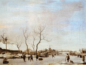 Frozen Canal With Skaters And Hockey Players — Adriaen Van De Velde, Baroque