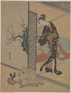 Young Lady Looking Through Door At Her Kamuro