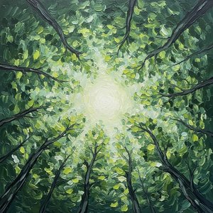 Radiant Canopy: A Singular Vision Of Luminous Forest Light And Verdant Serenity — Laurent Fontaine, Organic Modern Art