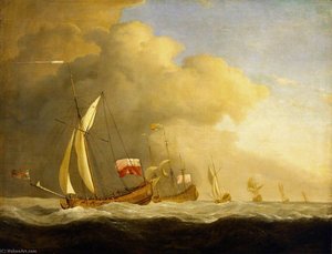 English Royal Yachts At Sea, In A Strong Wind In Company With A Ship Flying The Royal Standard — विलियम वैन डे वेल्डे द एल्डर, Dutch Golden Age