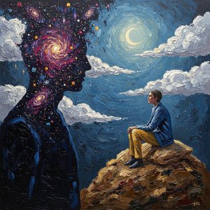 Celestial Resonance: A Solitary Figure Amidst the Swirling Majesty of an Eternal Silhouette
