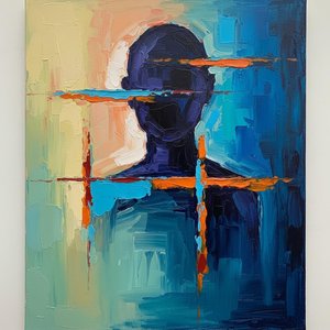Fragmented Silhouette In Ochre And Indigo: A Singular Study Of Emergent Chaos — Laurent Fabre, Neo-abstract Art