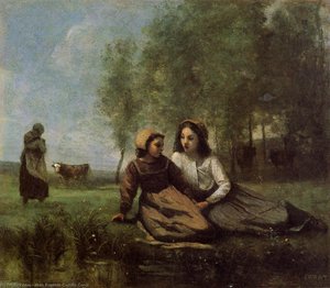 Two Cowherds In A Meadow By The Water — Jean-baptiste-camille Corot, Contemporary Realism