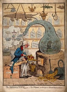 An Alchemist Using A Crown-shaped Bellows To Blow The Flames — James Gillray, 18th-century Political Satire