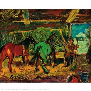 Red And Green Horses In A Stable — David Davidovich Burliuk