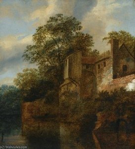 A Figure Standing By A Stone House Along A River — Cornelius Decker
