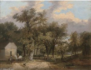 Figures And Animals Before Cottages In A Wooded Landscape — James Stark, Romanticism