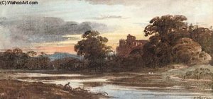 Castle Ruins At Dusk — John Varley I (o Mais Velho), Romanticism