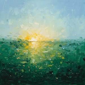 Etereo Splendore Solare Su Profonde Profondità Smeraldine: Un Unico Capolavoro Impasto — Christian Noiret, Astrattismo Contemporaneo