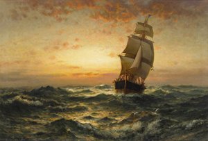 Ship At Sea, Sunset — 爱德华·莫兰