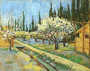 Orchard In Blossom, Bordered By Cypresses — Vincent Willem Van Gogh, Post-impressionism