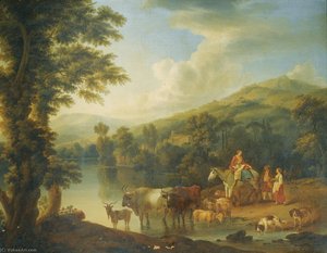 A Wooded River Landscape With A Woman On A Grey Horse With Animals Watering A Wooded River Landscape With A Shepherd Resting Beneath A Tree By Cows And Goats — Jakob Philipp Hackert, Rococo