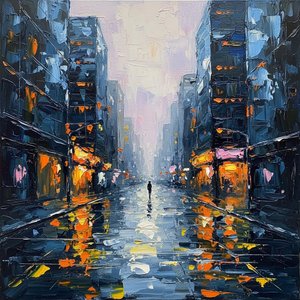 Solitary Echo In The Cobalt Canyon: A Monumental Study Of Urban Twilight — Christian Noiret, Contemporary Abstract