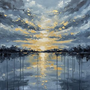 Golden Radiance Amidst The Weight Of Slate And Sculpted Storm Clouds — Christian Noiret, Contemporary Abstract Painting