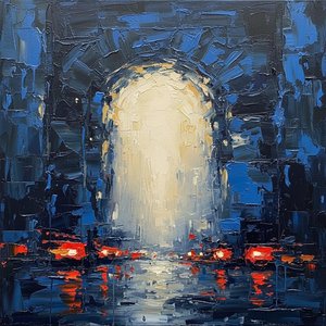 Portal Radiante De Sombras De Medianoche Y Ecos Carmesí En Impasto Grueso — Christian Noiret, Abstracto Contemporáneo