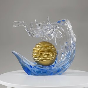 Resin Wave Sculpture With Golden Sphere – Dragon Motif, Abstract Art