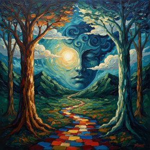 Celestial Visage Amidst Swirling Azure Mists And Golden Mosaic Pathways — Christian Noiret, Contemporary Abstract Painting