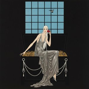 Crimson Fruit Amidst Blue Grid And Cascading Pearls — Valentin Laurent De Courcey, Art Deco