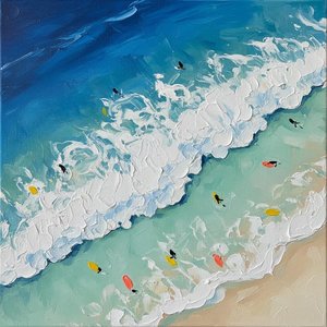 Cerulean Surge: An Impasto Study Of Rhythmic Tides And Sunlit Shorelines — David Moreau, Contemporary Abstract