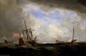 An English Ship And A Hooker At Sea In A Gale With Other Ships — Vilemas Van Der Velde Vyresnysis