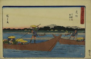 Traversée en bac de la rivière Tenryu, Mitsuke, tirée de la série Les cinquante-trois stations du Tōkaidō (Édition Gyosho)