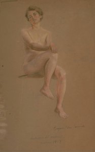 Naked Woman Seated From The Front Raises Her Right Knee. Below It Says: Natural Studies, Antwerks, 1919 — 에우헤니아 벨린 사르미엔토
