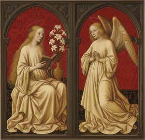 The Crimson Dialogue: A Sacred Annunciation In Two Acts — Marc Duvallier, Early Netherlandish Renaissance