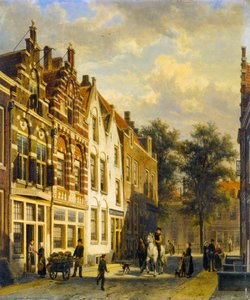 Figures In The Sunlit Streets Of A Dutch Town — Cornelis Springer, Romanticism