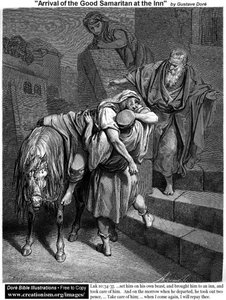 Ankomst Af Den Gode Samaritan Ved Prästgården — Gustav Doré