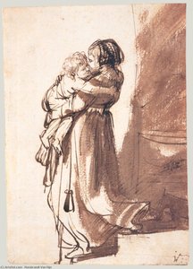 A Woman And Child Descending A Staircase