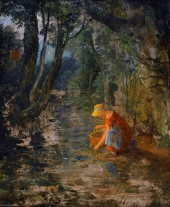 A Girl Collecting Berries by a Brook in a Wooded Landscape